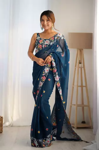 Teal georgette c girlie embroidered sequins work saree