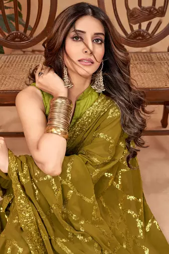 Green georgette c glamorous sequins work saree