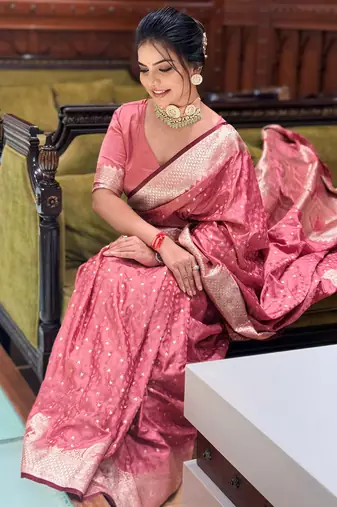 Pink faux banarasi silk blend Woven zari traditional rich indian traditional saree