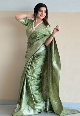 Pista faux banarasi silk blend Woven zari traditional rich indian traditional saree 1