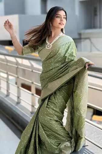 Pista faux banarasi silk blend Woven zari traditional rich indian traditional saree