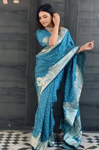 Blue faux banarasi silk blend Woven zari traditional rich indian traditional saree