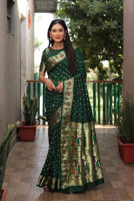 Green dola silk blend Woven paithani saree with festive bandhej print 1