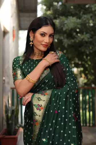 Green dola silk blend Woven paithani saree with festive bandhej print
