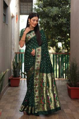 Green dola silk blend Woven paithani saree with festive bandhej print 4