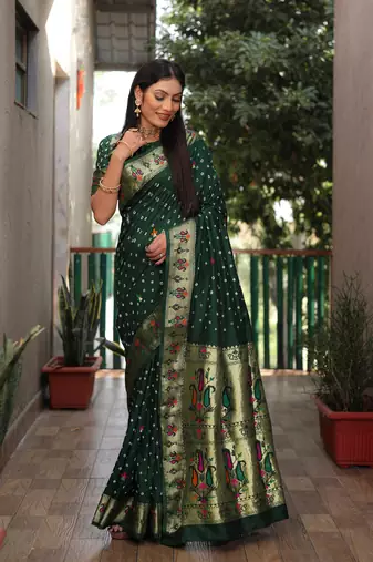 Green dola silk blend Woven paithani saree with festive bandhej print
