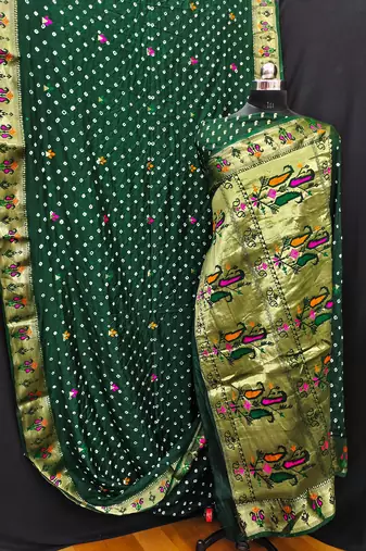 Green dola silk blend Woven paithani saree with festive bandhej print