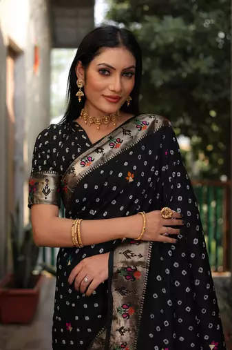 Black dola silk blend Woven paithani saree with festive bandhej print