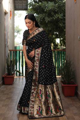 Black dola silk blend Woven paithani saree with festive bandhej print 4