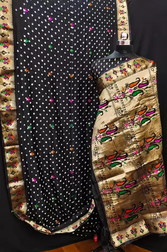 Black dola silk blend Woven paithani saree with festive bandhej print