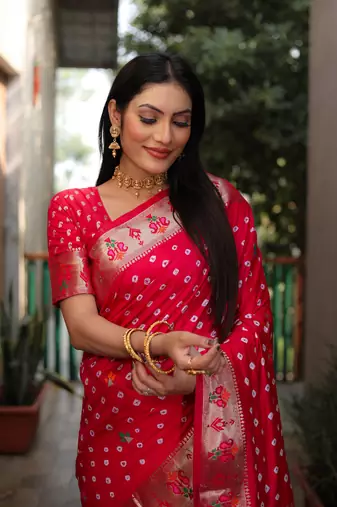 Red dola silk blend Woven paithani saree with festive bandhej print