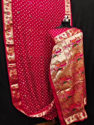 Red dola silk blend Woven paithani saree with festive bandhej print 5