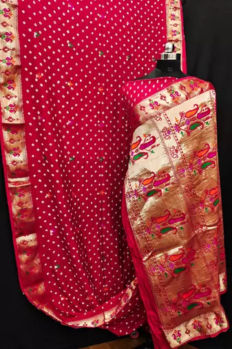 Red dola silk blend Woven paithani saree with festive bandhej print