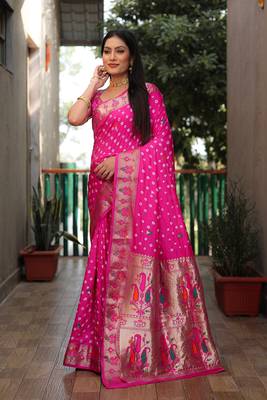 Pink dola silk blend Woven paithani saree with festive bandhej print 1