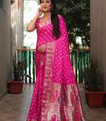 Pink dola silk Woven paithani saree with festive bandhej print