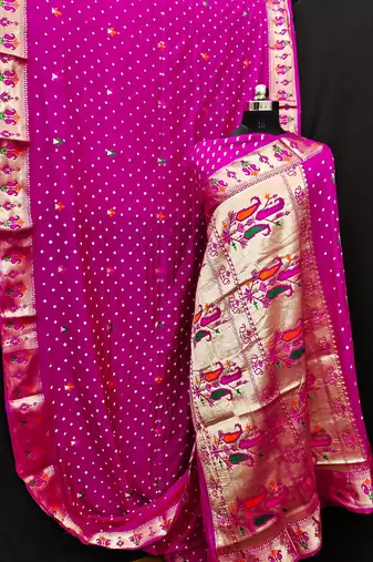 Pink dola silk blend Woven paithani saree with festive bandhej print