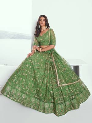 green color embroidered soft net mehendi lehenga set choli with dupatta 2