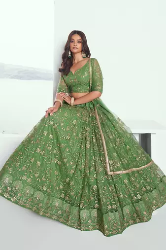 green color embroidered soft net mehendi lehenga set choli with dupatta
