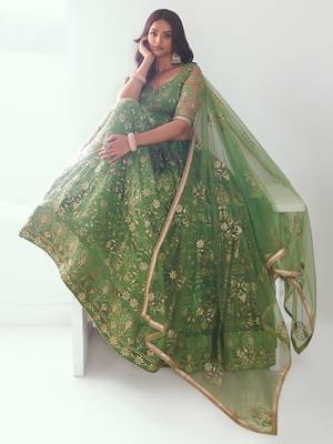 green color embroidered soft net mehendi lehenga set choli with dupatta 3