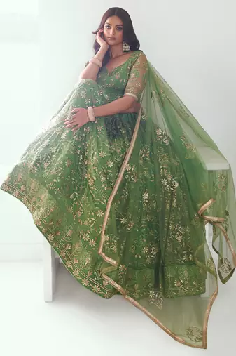green color embroidered soft net mehendi lehenga set choli with dupatta