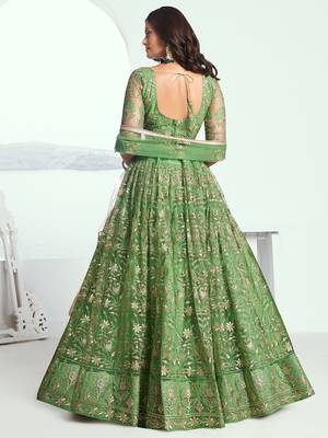 green color embroidered soft net mehendi lehenga set choli with dupatta 4