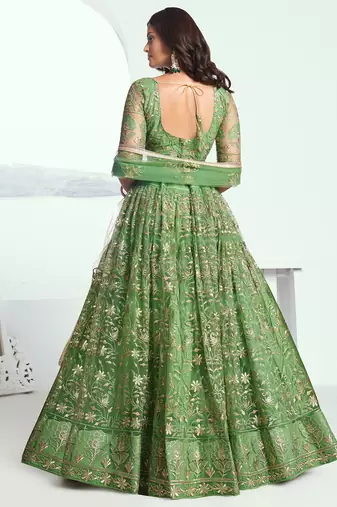 green color embroidered soft net mehendi lehenga set choli with dupatta