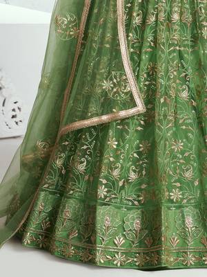 green color embroidered soft net mehendi lehenga set choli with dupatta 6