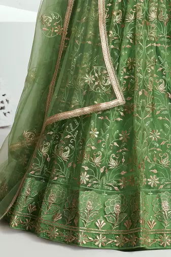 green color embroidered soft net mehendi lehenga set choli with dupatta