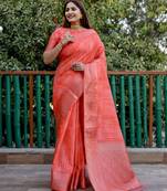 Red dola silk Woven pallu border saree with digital print