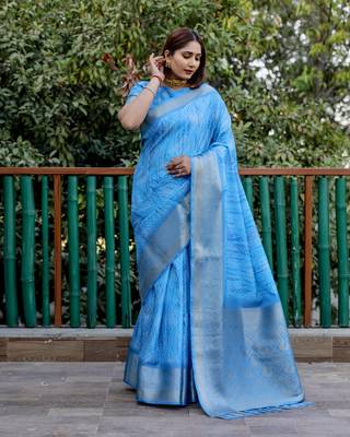 Blue dola silk blend Woven pallu border saree with digital print 3