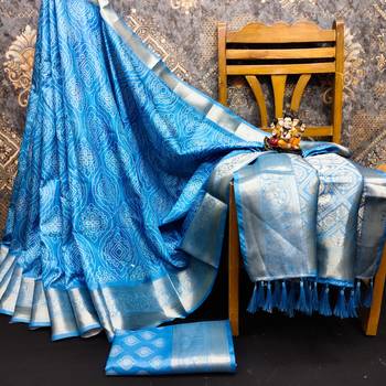 Blue dola silk blend Woven pallu border saree with digital print 4
