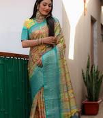 Blue dola silk Woven kanchi border designer saree with digital kalamkari print