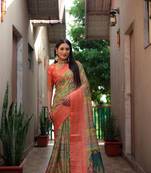 Orange dola silk Woven kanchi border designer saree with digital kalamkari print