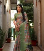 Green dola silk Woven kanchi border designer saree with digital kalamkari print