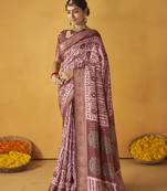 Pink color tusser silk fabric batik printed saree jacquard woven