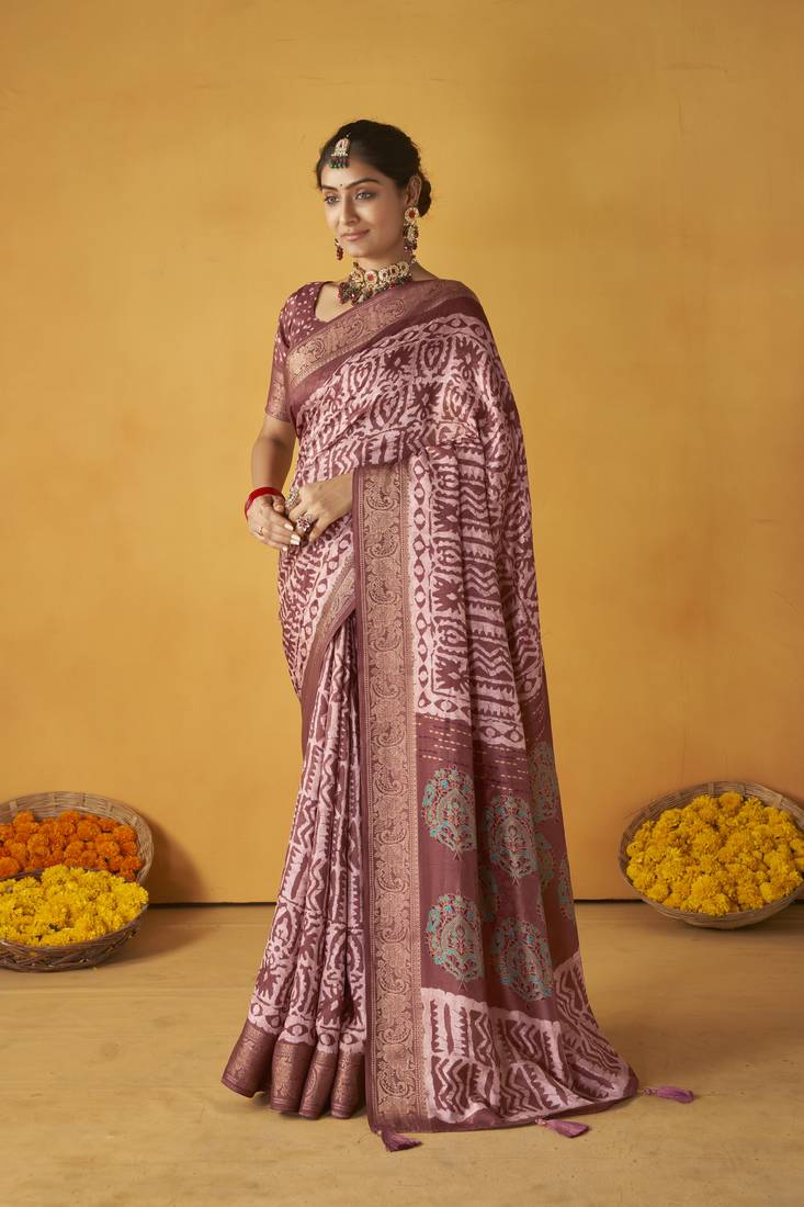 Pink color tusser silk fabric batik printed saree jacquard woven
