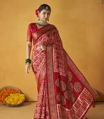 Dull red color tusser silk fabric batik printed saree jacquard woven