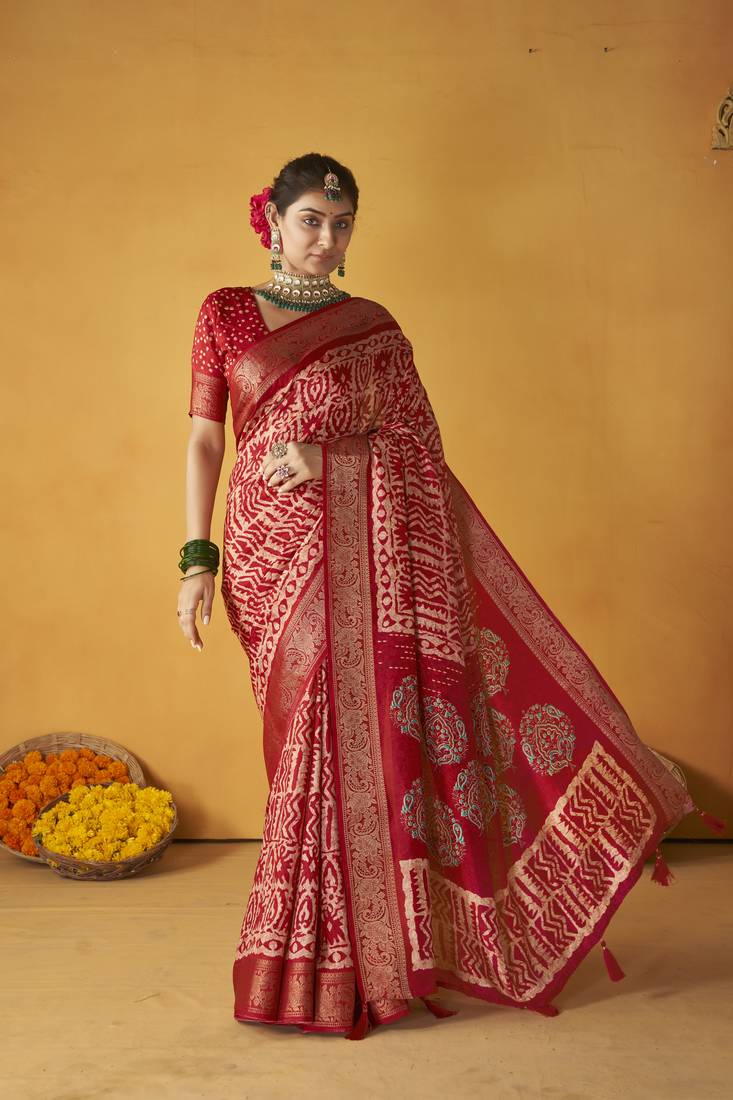 Dull red color tusser silk fabric batik printed saree jacquard woven