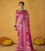 Dark pink color tusser silk fabric batik printed saree jacquard woven