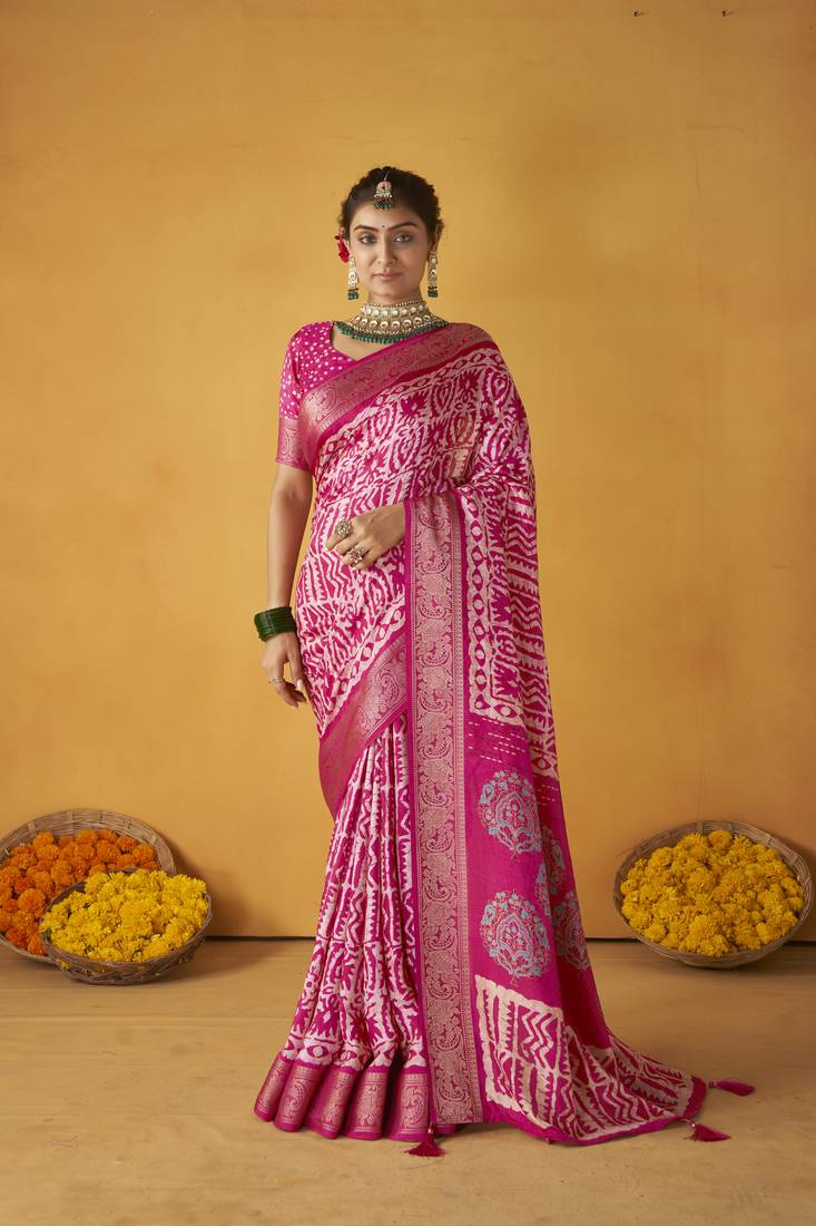 Dark pink color tusser silk fabric batik printed saree jacquard woven