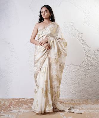 Ivory and gold organza printed saree with blouse 1