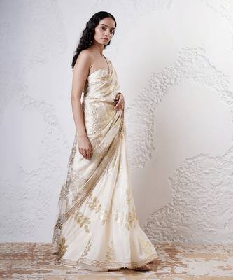 Ivory and gold organza printed saree with blouse 2