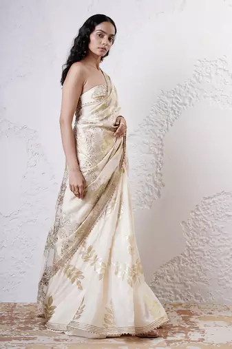 Ivory and gold organza printed saree with blouse