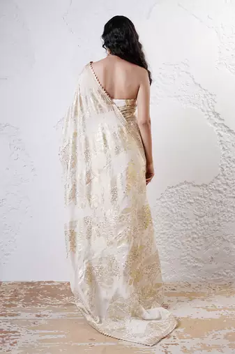 Ivory and gold organza printed saree with blouse