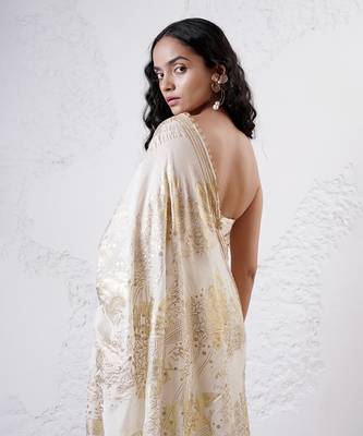 Ivory and gold organza printed saree with blouse 5