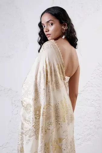Ivory and gold organza printed saree with blouse