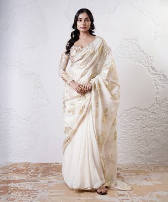 Ivory and gold organza printed saree with blouse 1