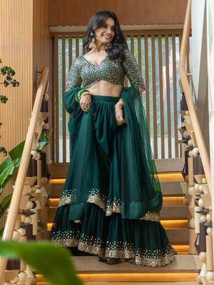 Fancified Green Sequins Georgette Mehendi Wear Lehenga Choli 1