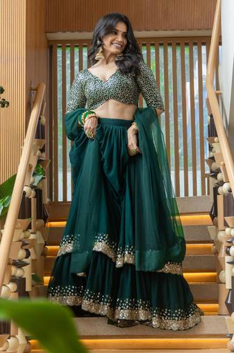 Fancified Green Sequins Georgette Mehendi Wear Lehenga Choli