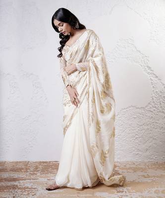 Ivory and gold organza printed saree with blouse 2